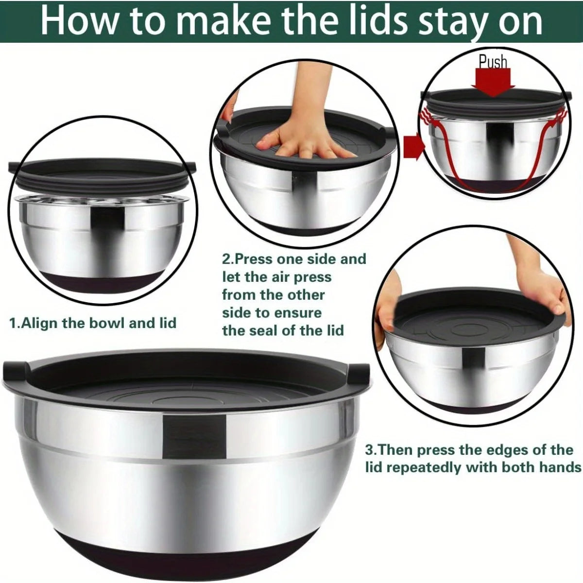 Mixing Bowls with Airtight Lids 6 piece Stainless Steel Nesting Storage Bowls, Non-Slip Bottoms