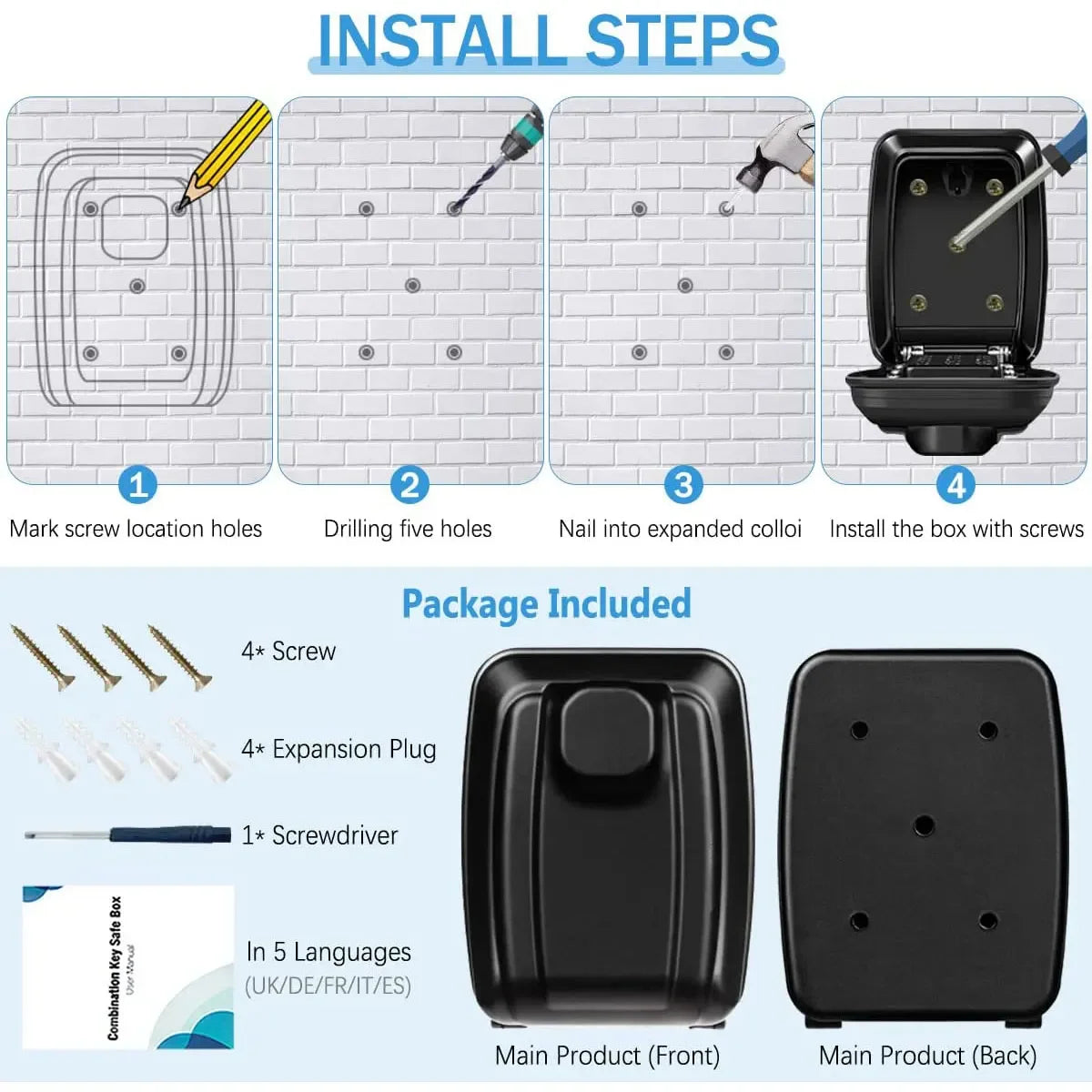 Key Lock Box Wall-Mount Secret Code Security Key Safe