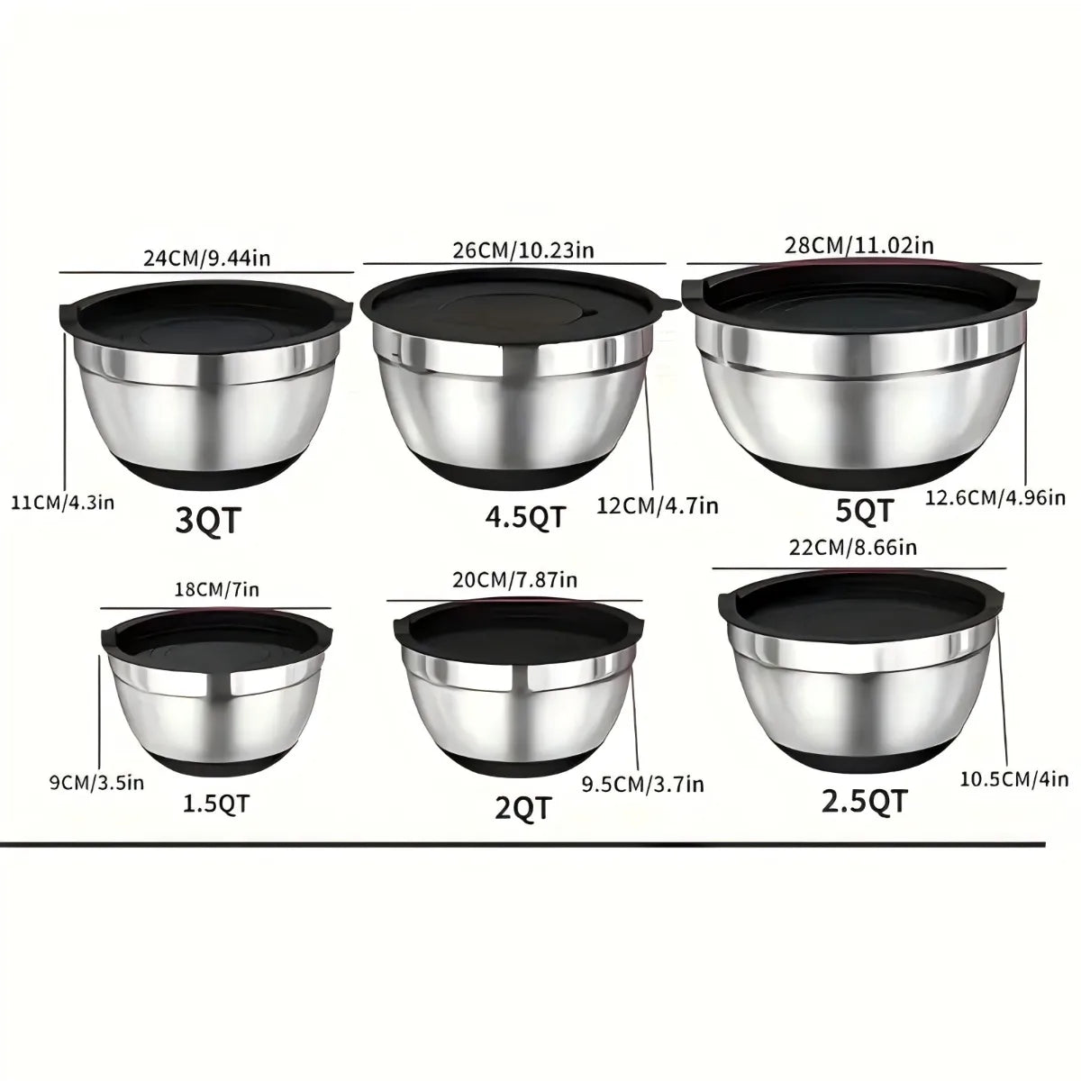 Mixing Bowls with Airtight Lids 6 piece Stainless Steel Nesting Storage Bowls, Non-Slip Bottoms