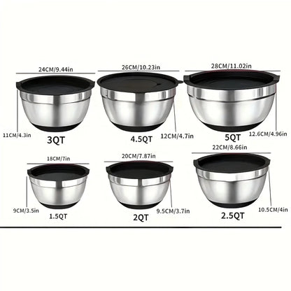 Mixing Bowls with Airtight Lids 6 piece Stainless Steel Nesting Storage Bowls, Non-Slip Bottoms