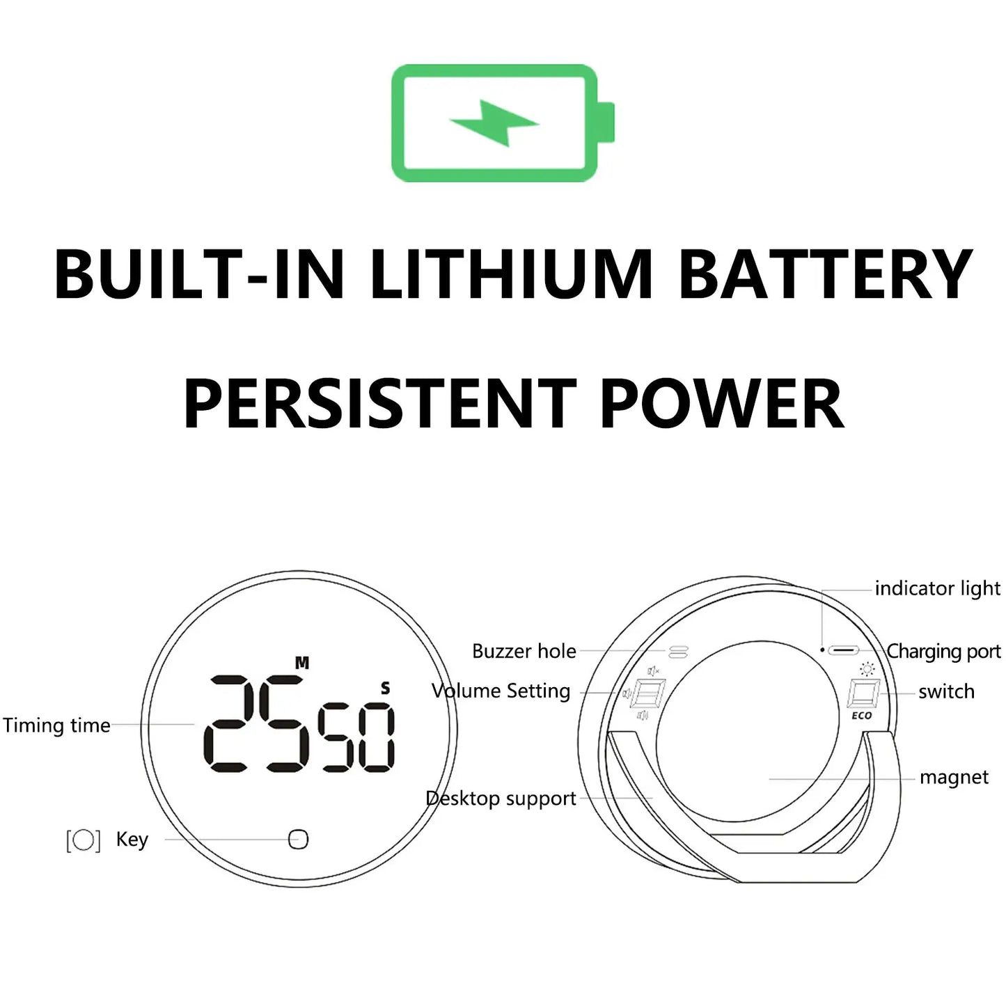 LED Digital Cooking Timer USB Rechargeable Magnetic