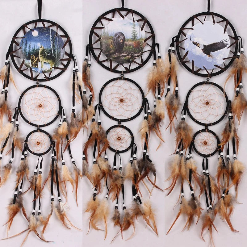 Wolf Head Painting Dream Catcher Natural Feather Pendant