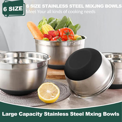 Mixing Bowls with Airtight Lids 6 piece Stainless Steel Nesting Storage Bowls, Non-Slip Bottoms