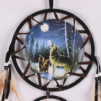 Wolf Head Painting Dream Catcher Natural Feather Pendant